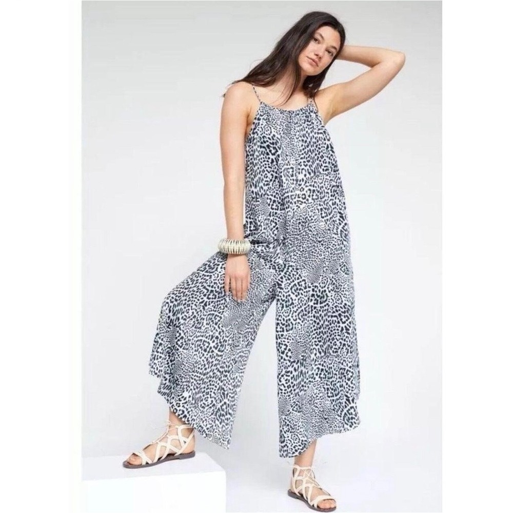 Anthropologie Breezy‎ Wide-Leg Jumpsuit Black Motif Animal Print XS Boho Breezy